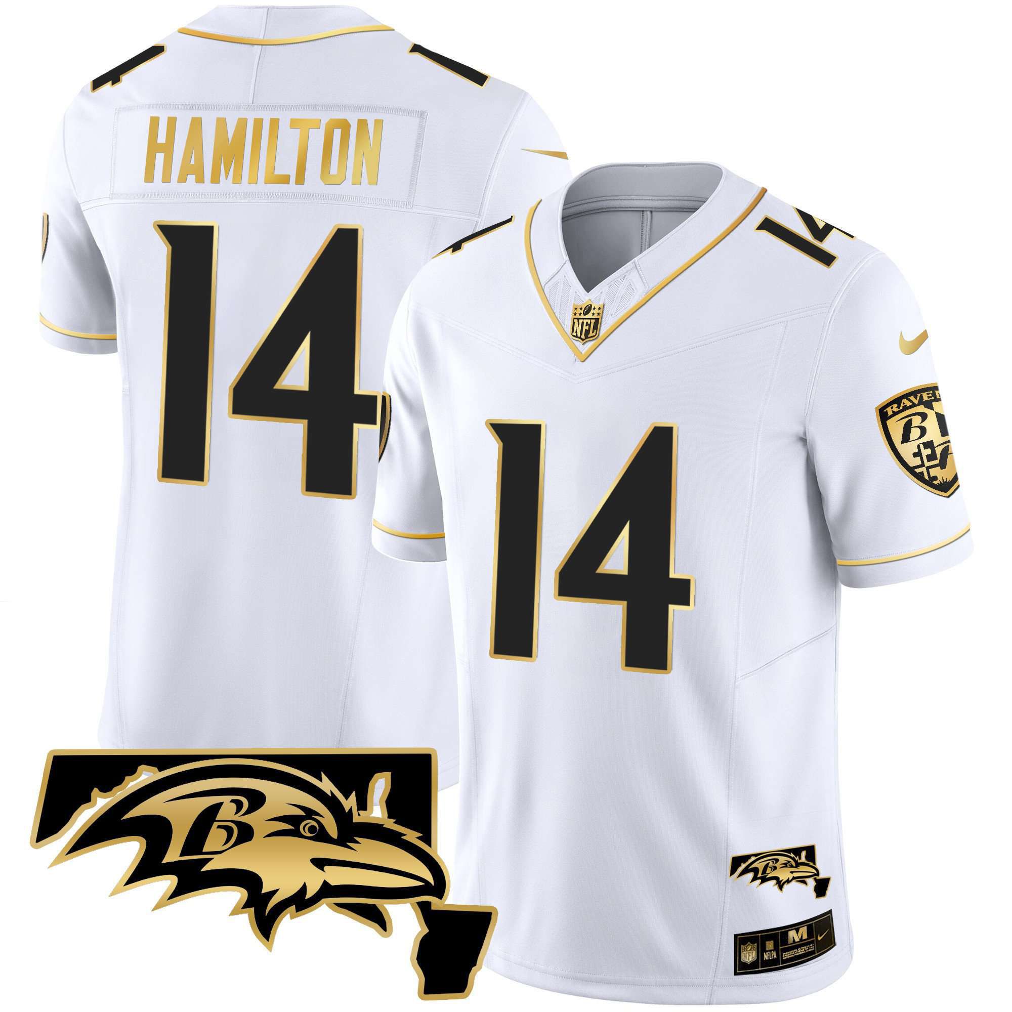 Men Baltimore Ravens #14 Hamilton White Gold 2024 Nike Maryland Patch Vapor Limited NFL Jersey->indianapolis colts->NFL Jersey